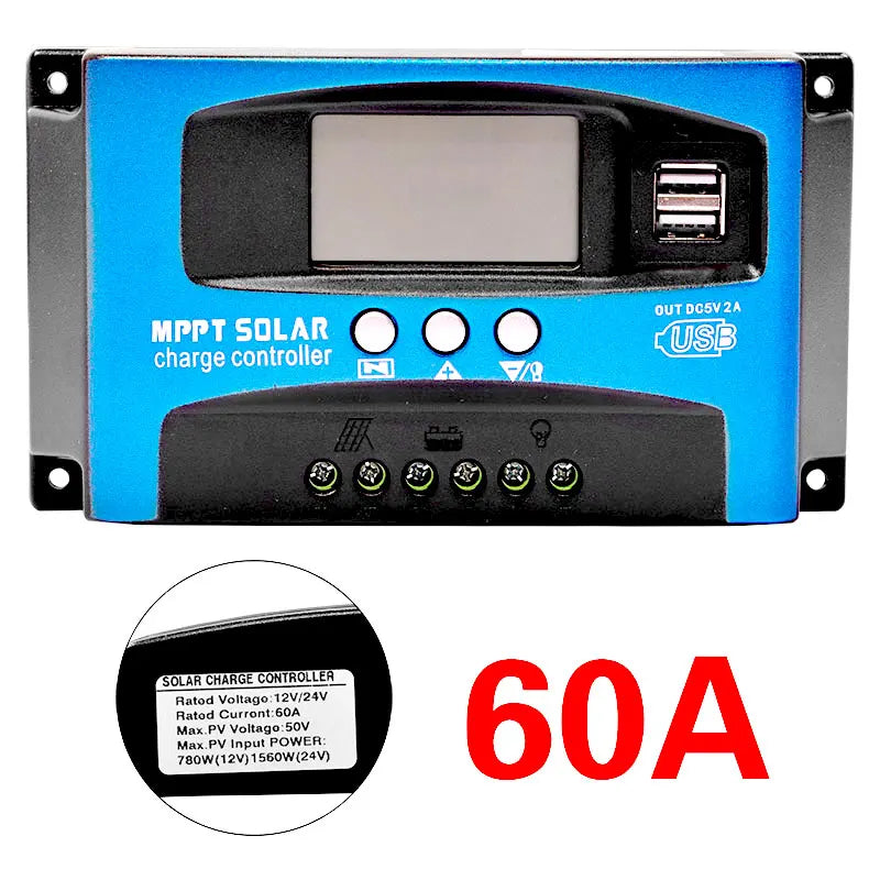 30/40/50/60/100A MPPT Solar Charge Controller, Solar charge controller with dual USB ports and LCD display for 12V or 24V auto systems.