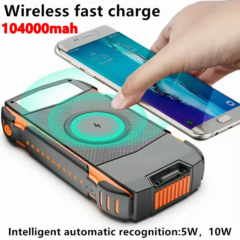 Fast wireless charging with intelligent 104,000mAh power bank and auto-recognition for quick 10W charging.