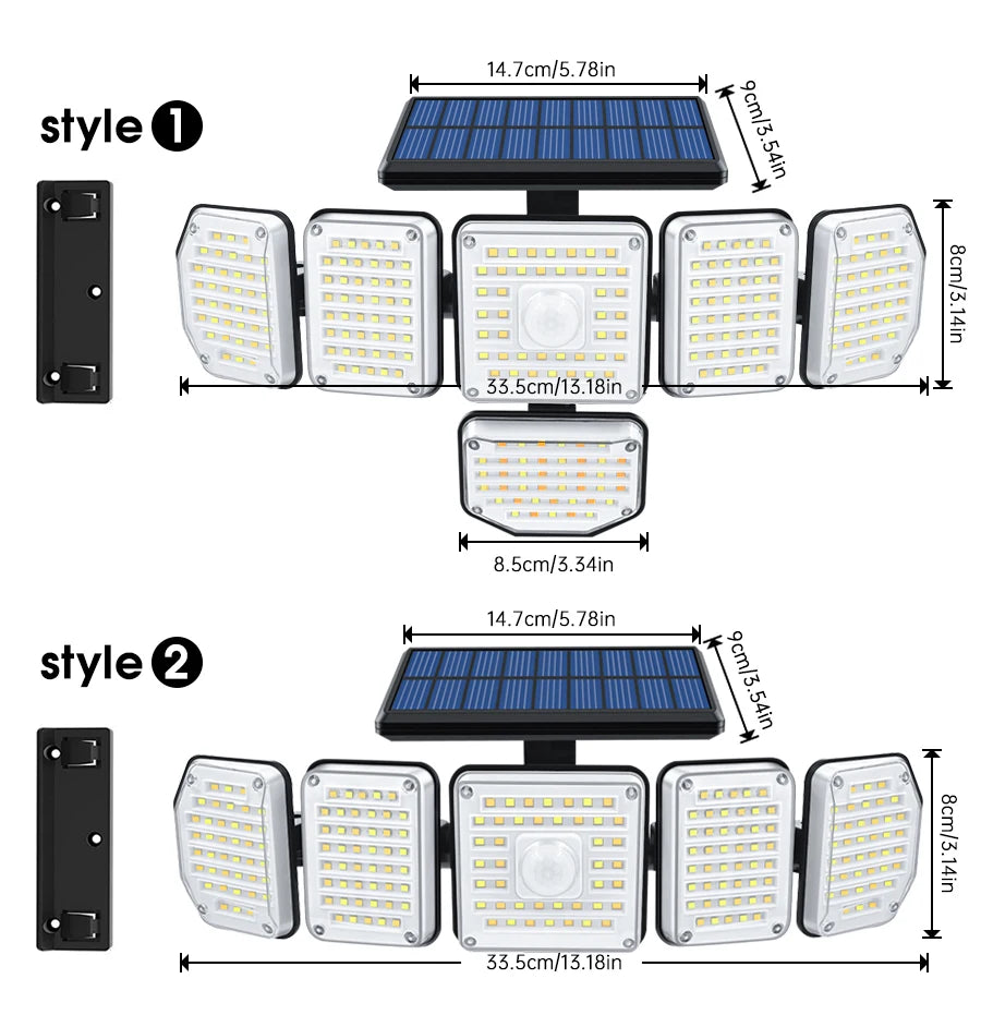 Solar Motion Sensor Flood Light, Solar flood lights with LED bulbs and motion sensor for outdoor use; specifications include voltage, warranty, and battery protection.