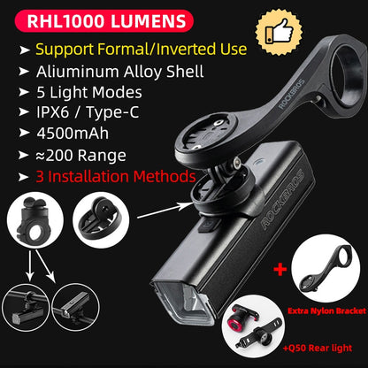 ROCKBROS D3-1000 Bike Front Light - IPX6 Rainproof Type-c Rechargeable Bicycle Light 1000LM Cycling Headlight LED Flashlight MTB Bike Lamp