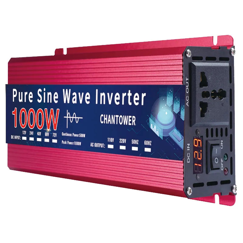 Pure sine wave inverter converts 12V DC to 220V AC, suitable for cars and solar systems.