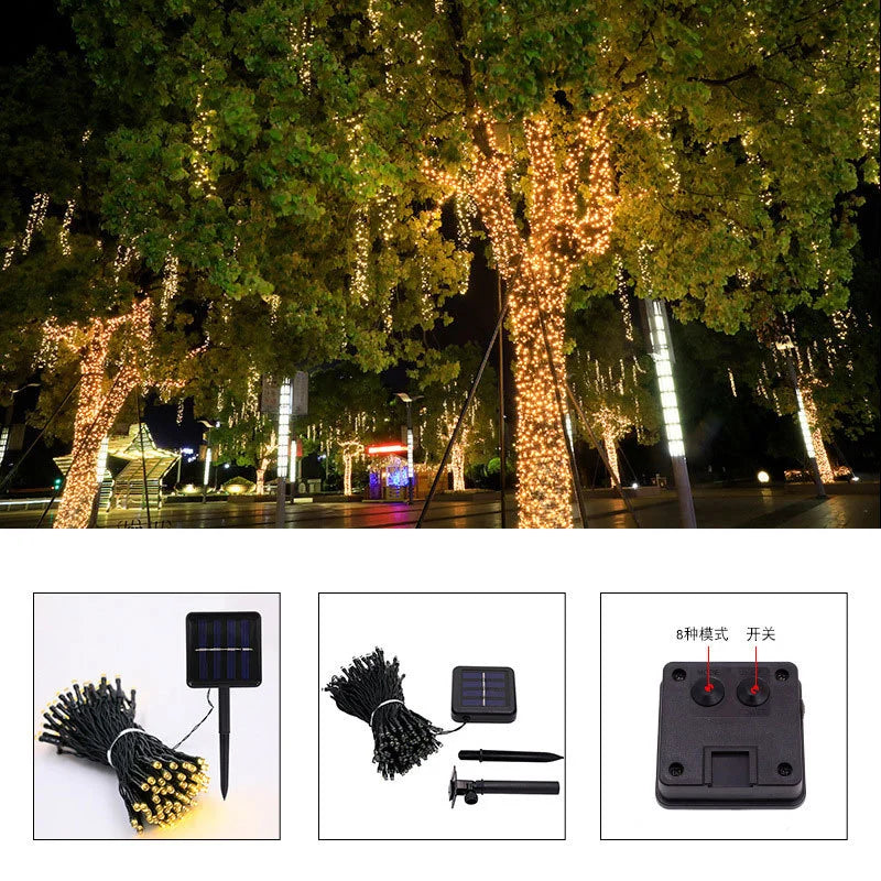 Outdoor Solar String Light, Solar LED string light with 7M, 12M, or 22M length and RGB/White/Warm White color.