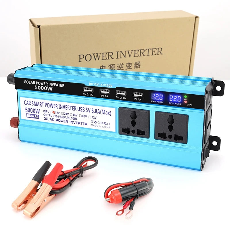 Modified sine wave inverter for solar panels and cars; outputs 220V AC from 12/24V DC input.