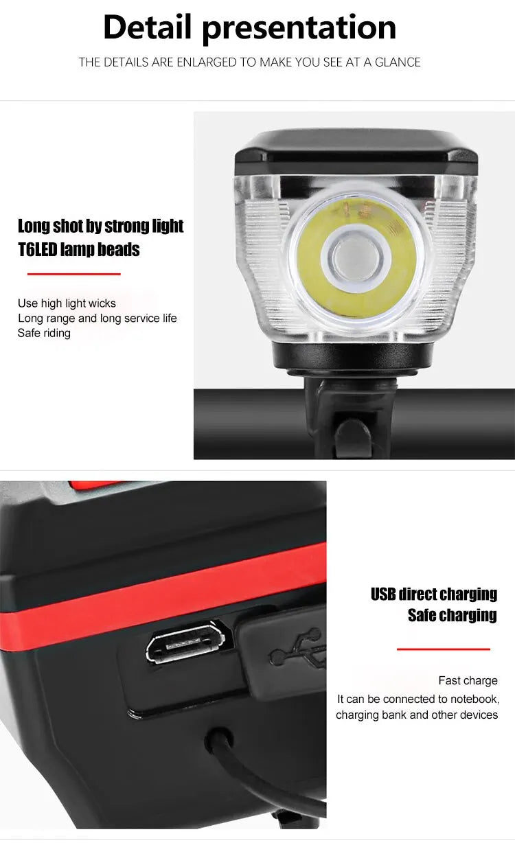 LY-17 Solar Bicycle Light, LED light with long-lasting bulbs, USB rechargeable and fast-charging for notebooks and devices.