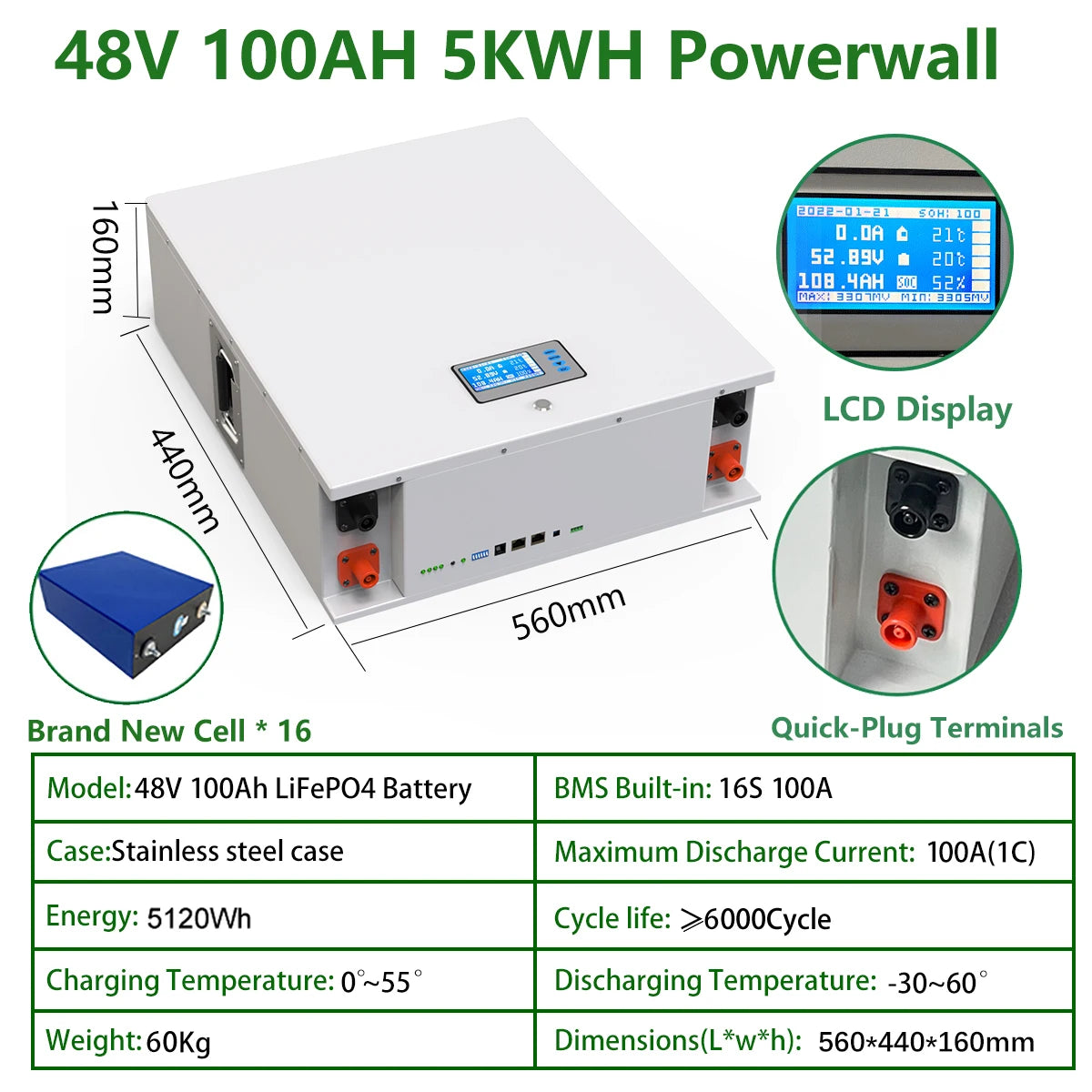 CERRNSS 48V 100Ah LiFePO4 Lithium Battery, Lithium battery with built-in BMS for solar-powered homes: reliable, efficient, and durable.
