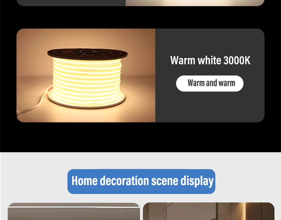 Warm white LED strip for cozy home decor scenes with a 3000K color temperature.