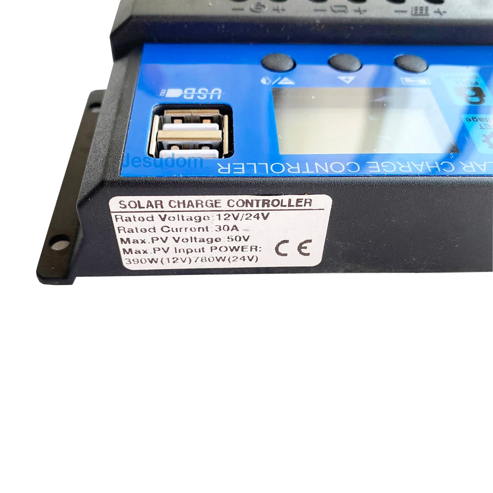 12V24V Auto. PWM Solar Charge Controller, Auto PWM Solar Charge Controller for 12V/24V systems with LCD display, 30A max current, and 5V USB output.