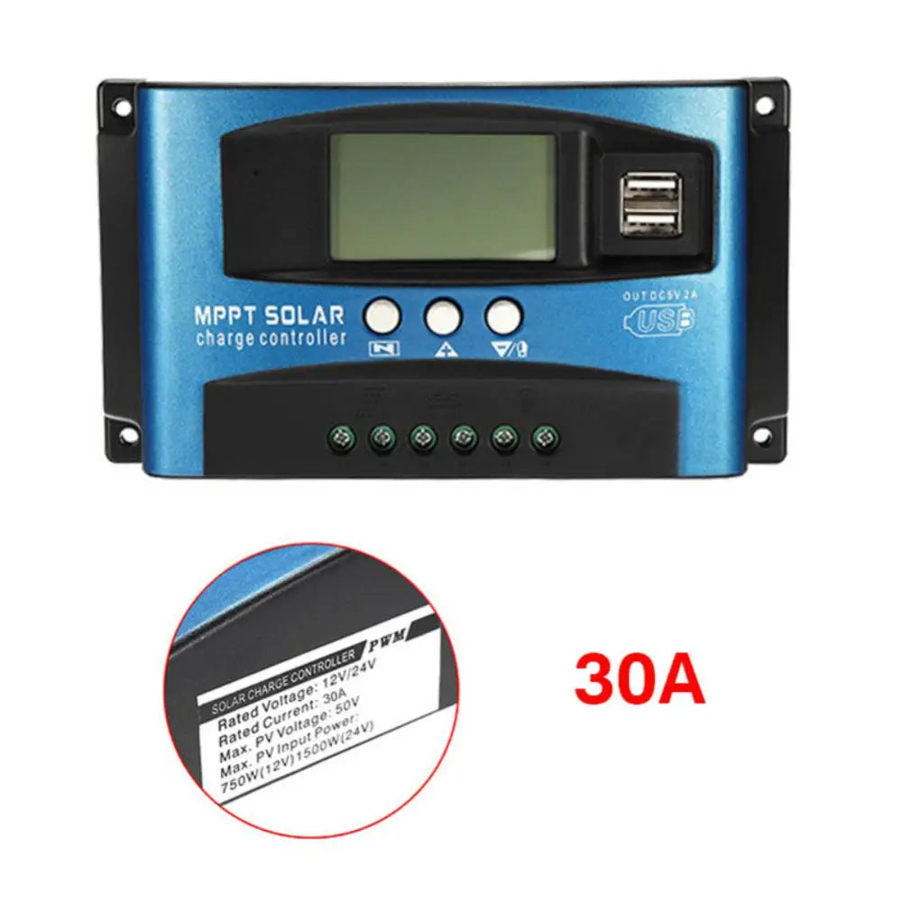 Solar controller charges and discharges solar panels with LCD display and dual USB ports.