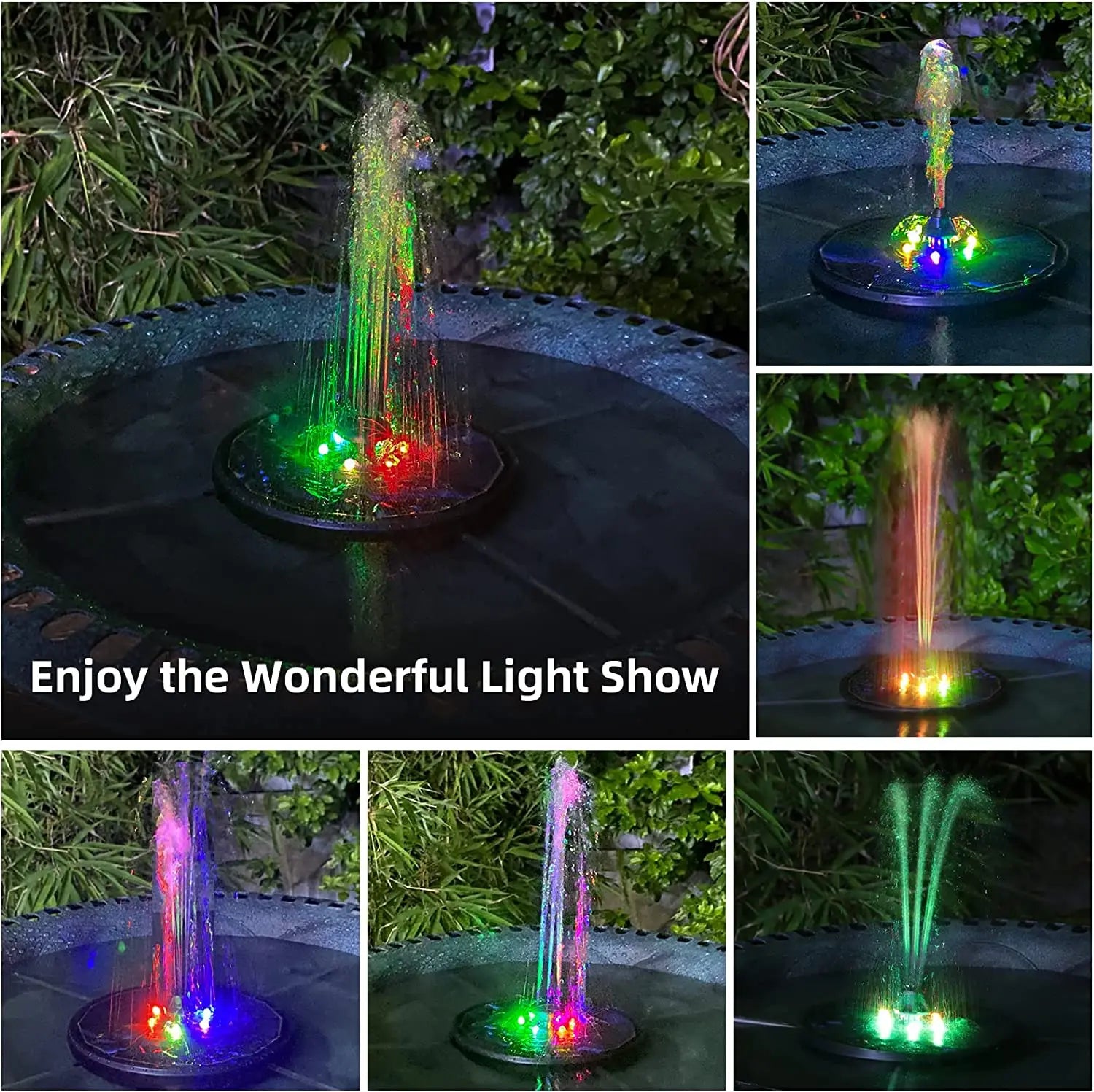 3W Solar Fountain, Enchanting color LED lights create a mesmerizing display