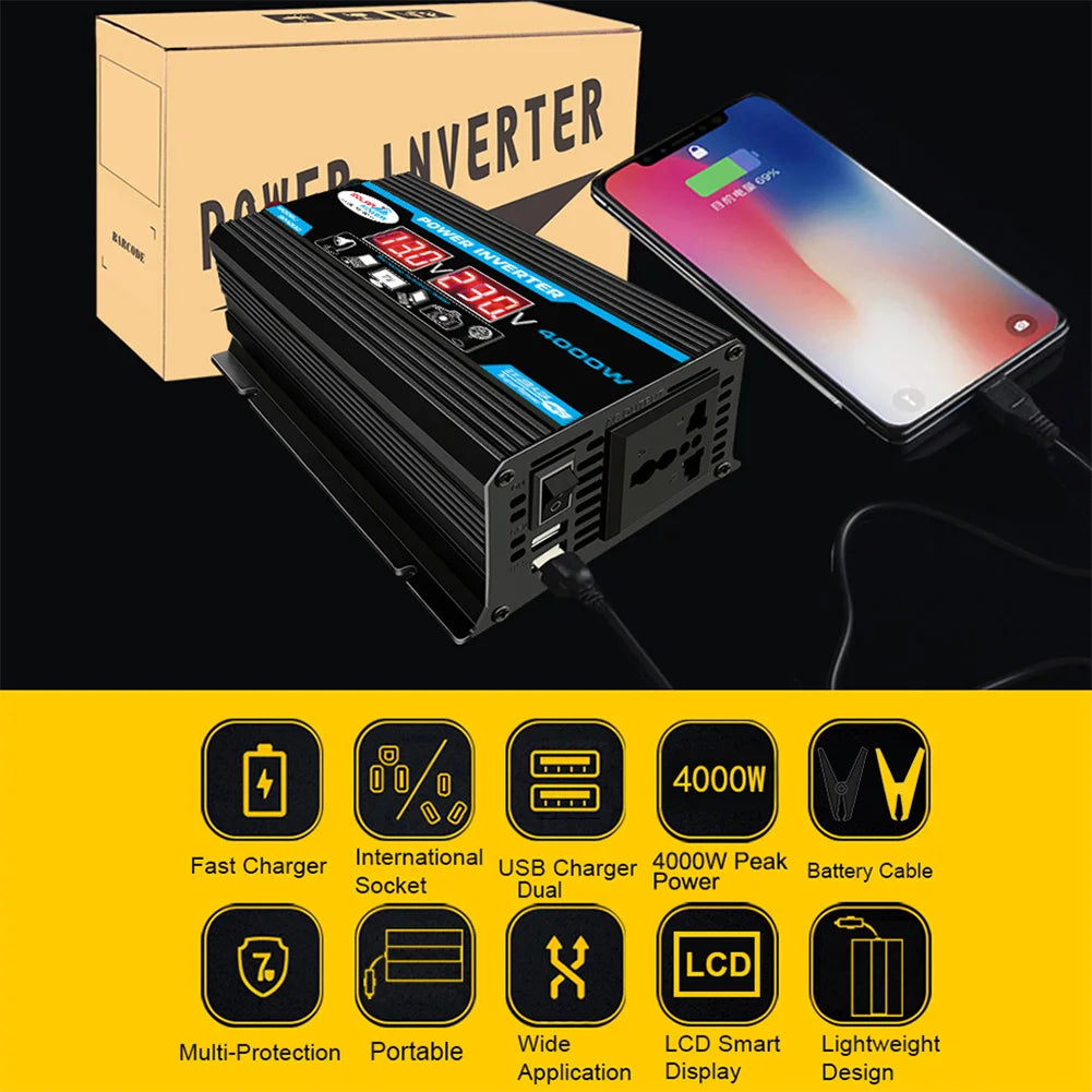 4000W Peak Solar Car Power Inverter with DC-AC converter and dual USB ports.