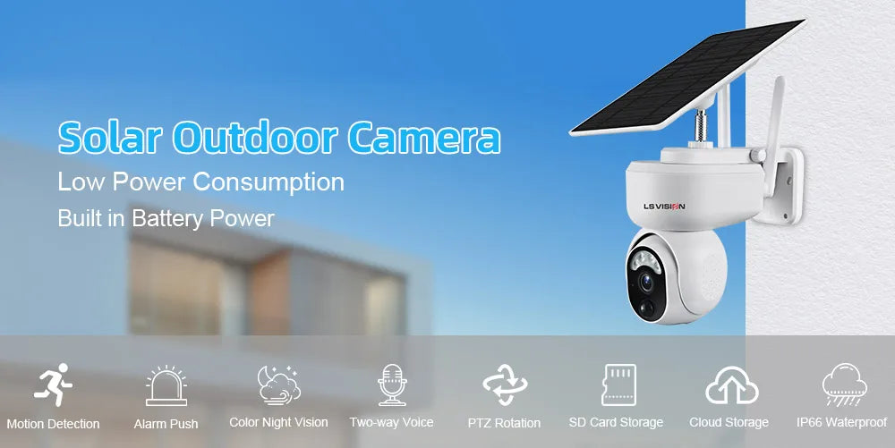 Outdoor security camera with low power, motion detection, and 4MP resolution.