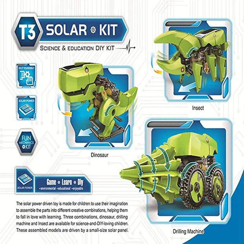 3-in-1 Assembling Dinosaur Solar Kit for kids aged 8+, combining science, DIY, and imagination-building fun.