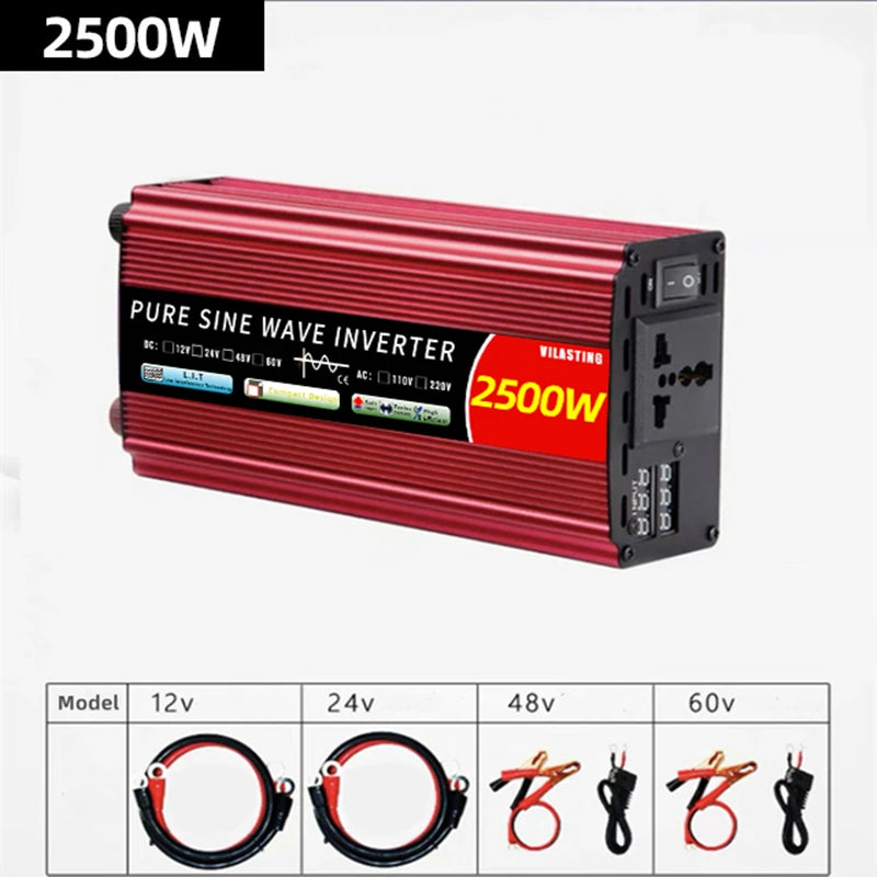 Pure Wave Micro Inverter with 2500W output, compatible with various DC inputs, featuring sine wave tech and LCD display.
