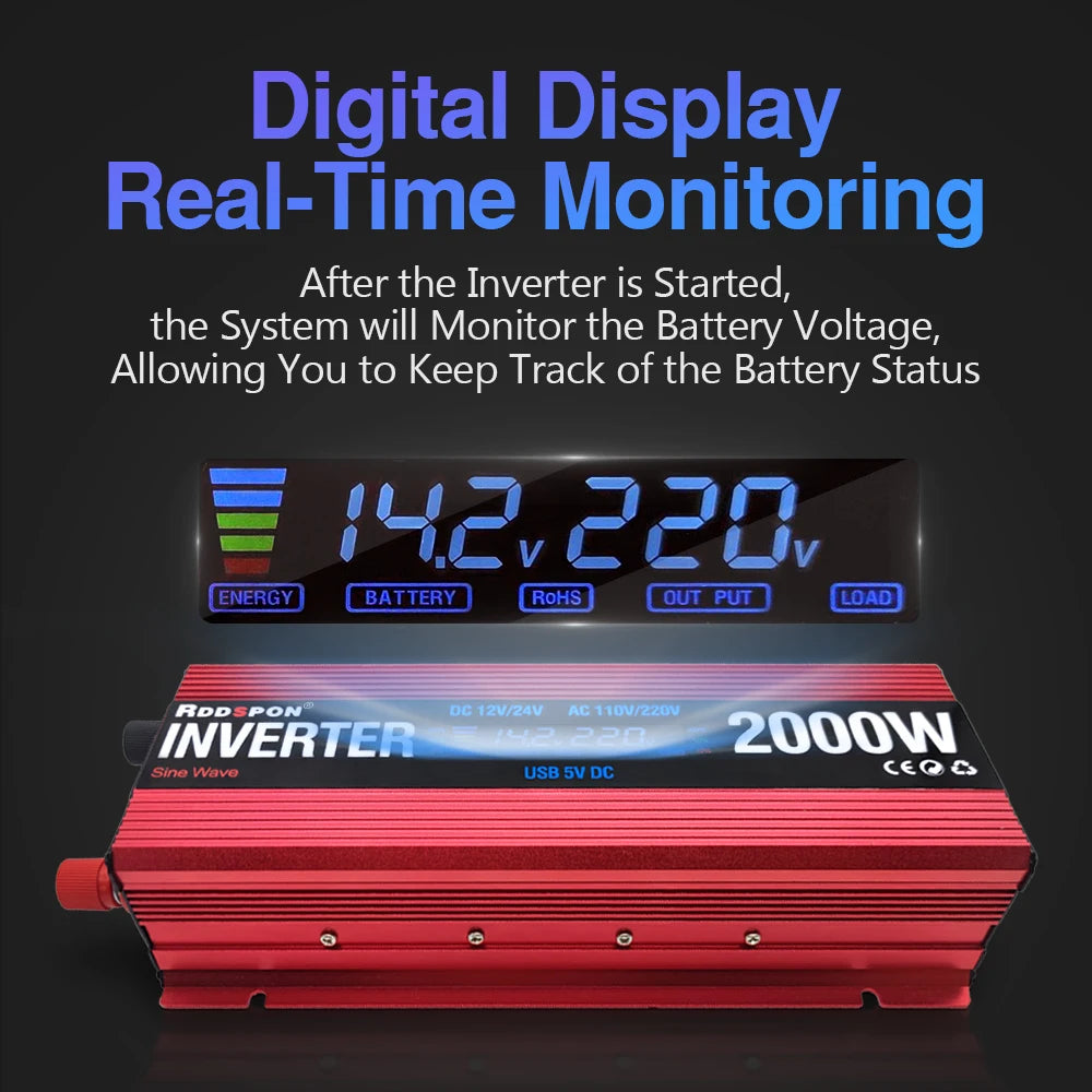 Solar Power Inverter, Real-time battery monitoring and tracking, compatible with RoHS-certified batteries, displays vital info and enables on-the-go charging.