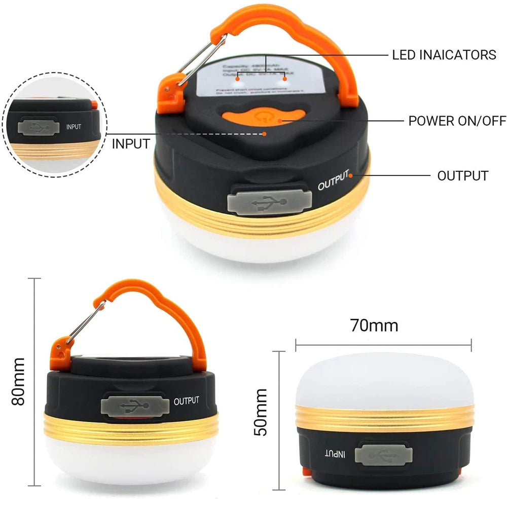 Rechargeable LED lantern with USB power, adjustable brightness, and hanging loop for camping.