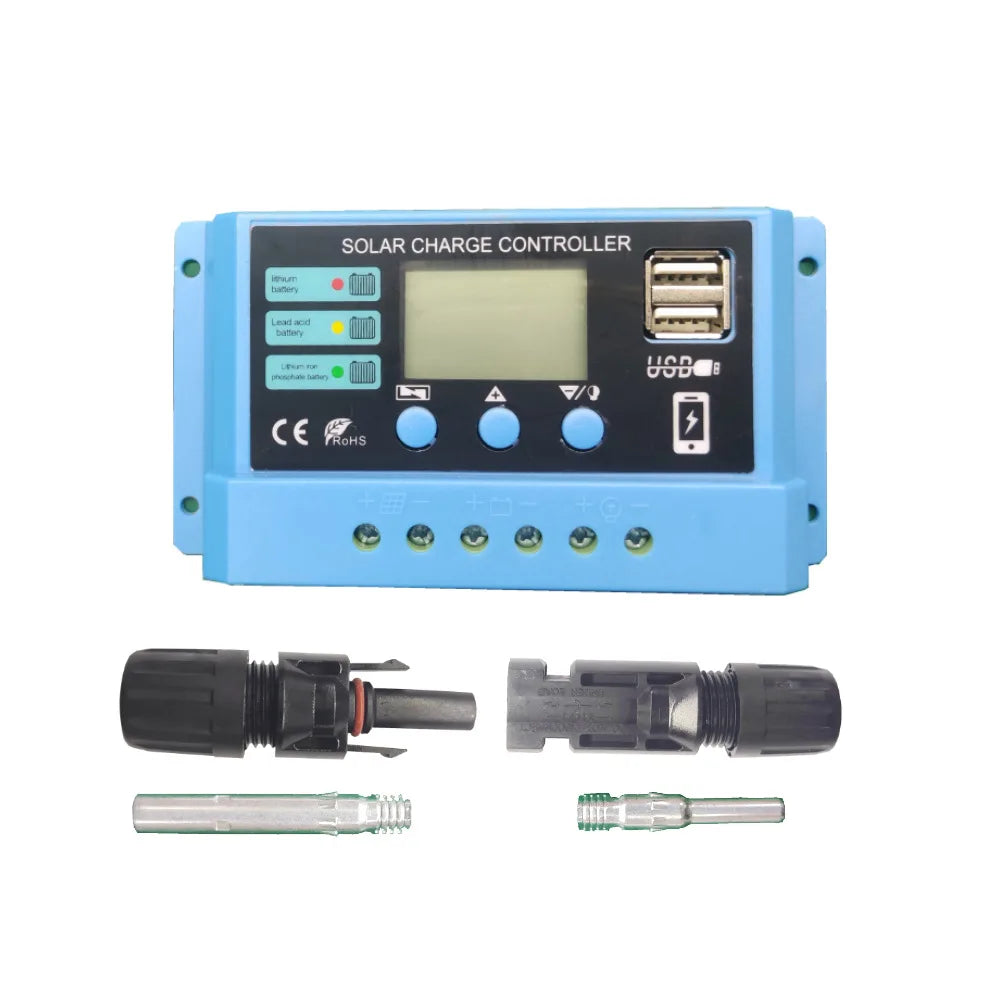 10A 20A 30A  PWM Solar Charge Controller, Solar charge controller for lead-acid & lithium batteries with 2 ports & LCD display, RoHS compliant.