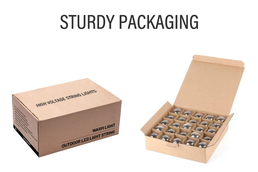 50FT LED G40 Ball String Light, Waterproof LED lights with sturdy packaging for outdoor use at parties or events.