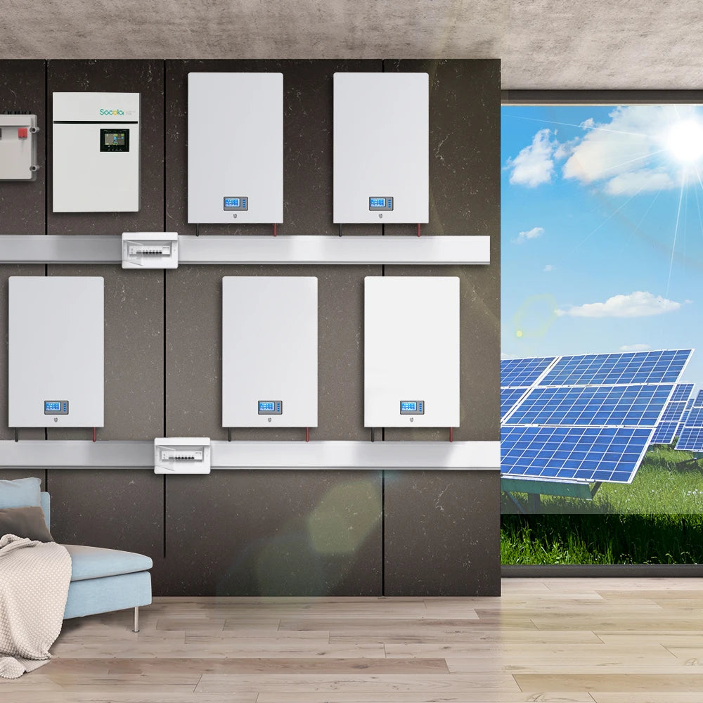 High-capacity LiFePO4 battery for solar power storage: 48V, 200Ah, 10kW with built-in BMS and parallel connection.