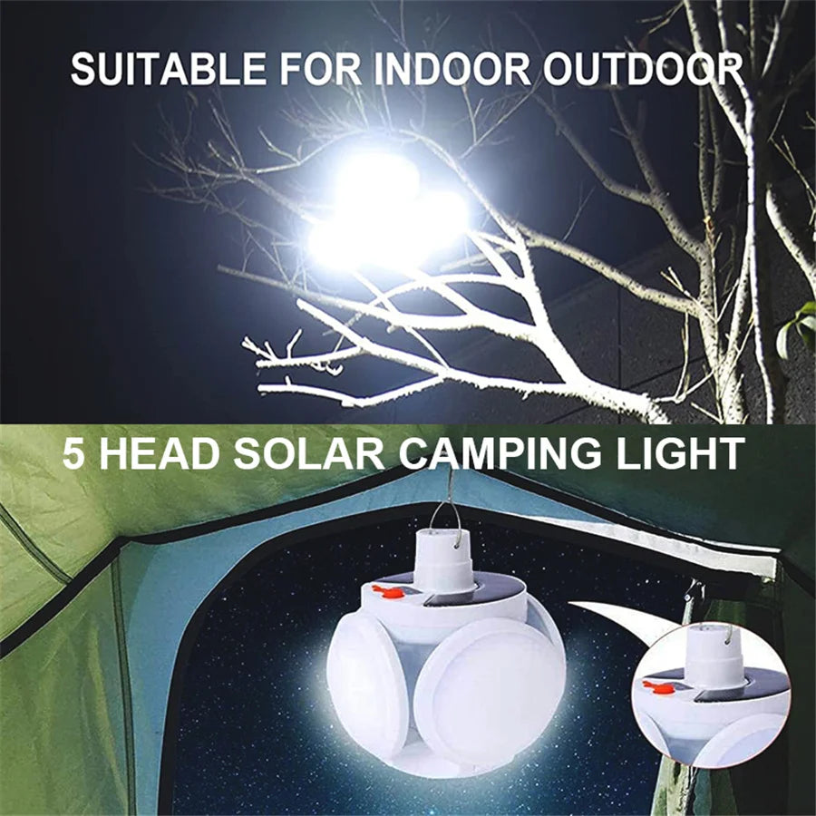 Compact lantern with 5 adjustable heads and solar-powered charging for indoor/outdoor use.
