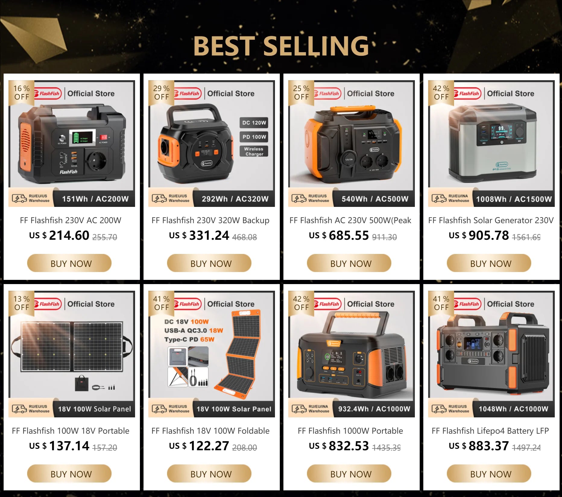 FF Flashfish A1001 Solar Generator: portable power source with wireless charging and multiple capacity options.