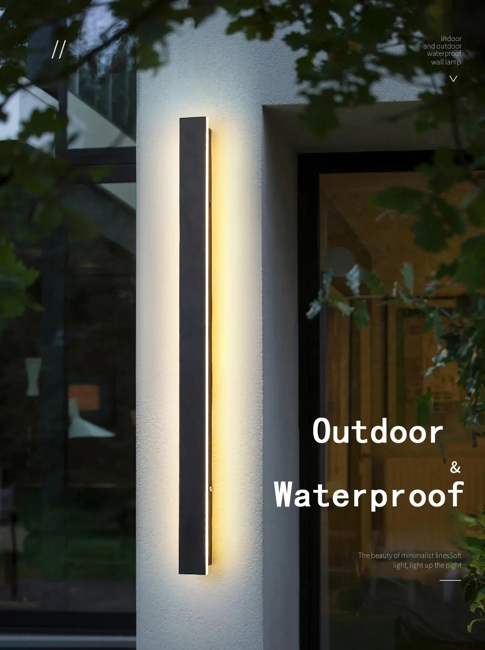 Waterproof LED Long Wall Light, Waterproof LED wall light with minimalist design for indoor/outdoor use, providing soft lighting.