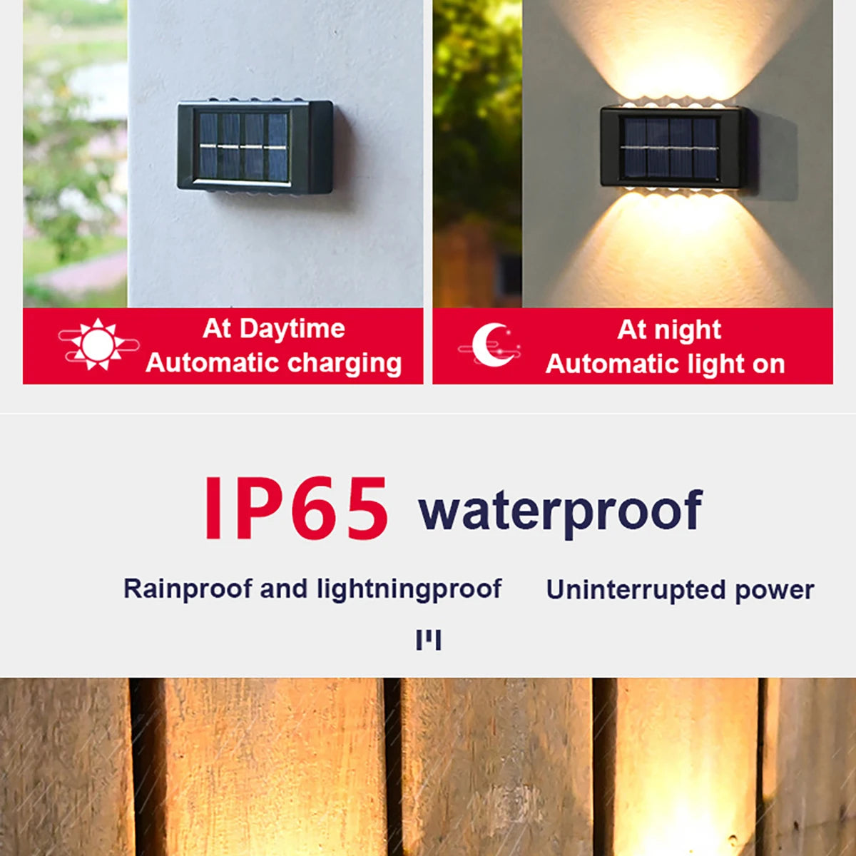 Waterproof solar-powered wall lamp with automatic charging and nighttime illumination.