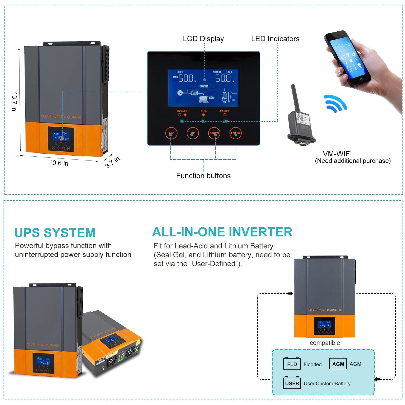 Hybrid solar inverter with LCD display and indicators, suitable for charging lead-acid and lithium batteries.