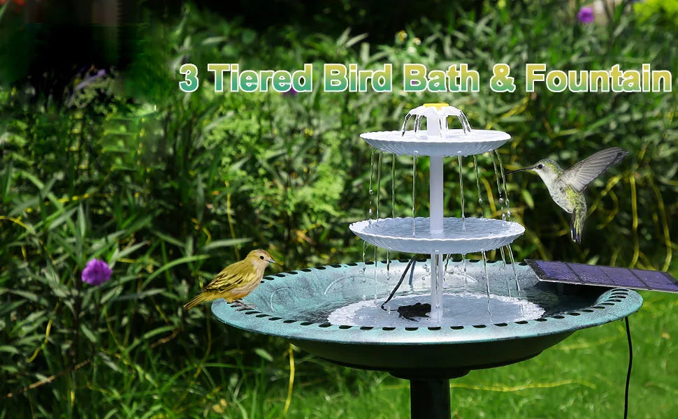 3 Tiered Bird Bath with 3W Solar Pump, Water feature for gardens and outdoors, converts to bird bath or fountain.