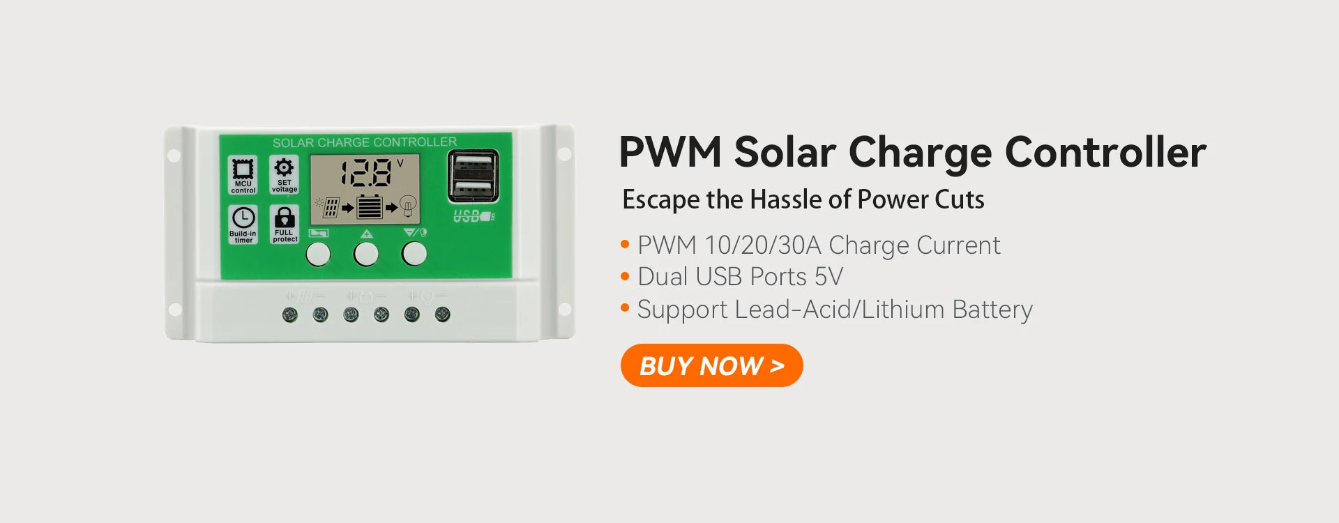 Reliable solar charger controller with MCU control, PWM tech, and overcharge protection for 10A, 20A, or 30A charging.