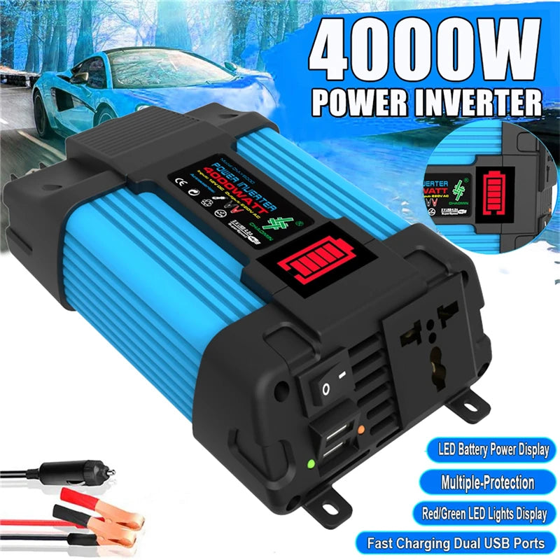 12V to 110/220V Solar Panel, Modified sine wave inverter kit with battery display, USB ports, and charging features.