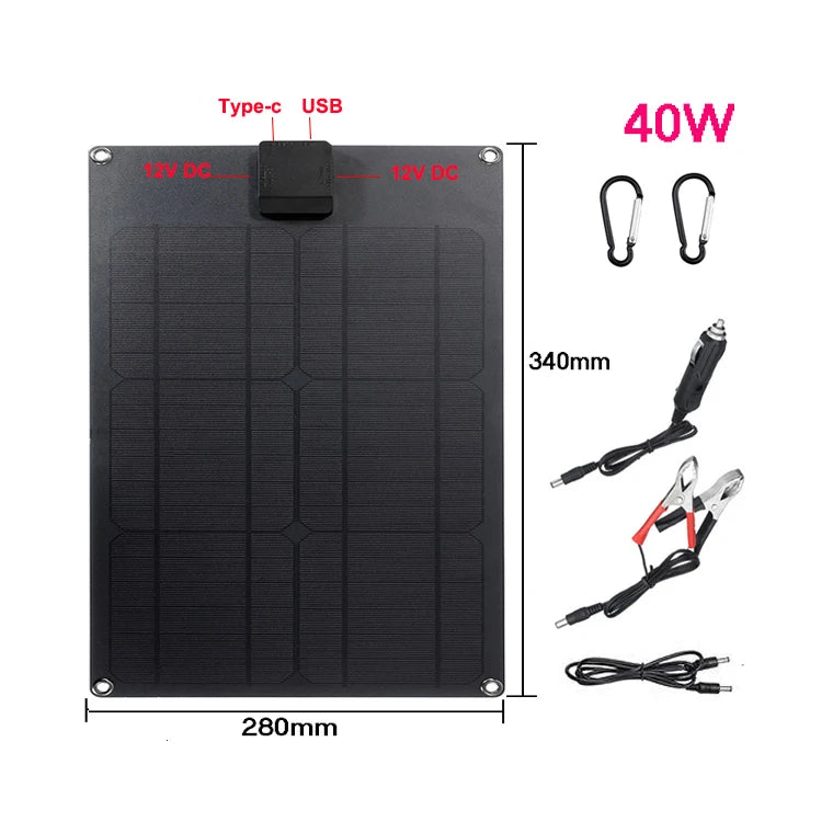 30W Solar Panel, Compact USB charger with 40W output and small size ideal for portability.
