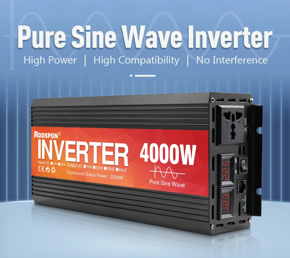 1000W-4000W Pure Sine Wave Inverter, Inverter converts DC power to pure sine wave AC output, compatible with 220V at 50/60Hz.