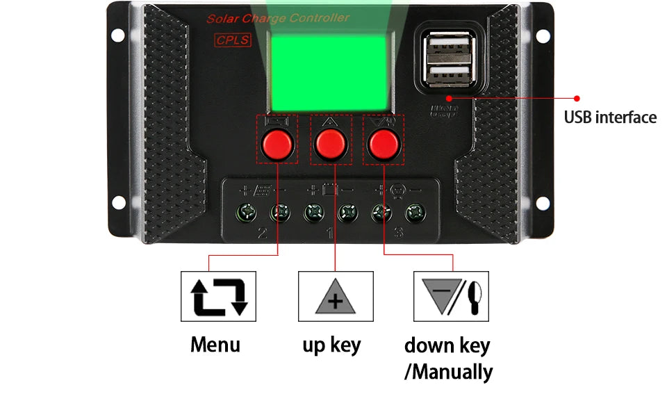 Features USB interface with menu navigation via up/down buttons or manual key input for easy control.