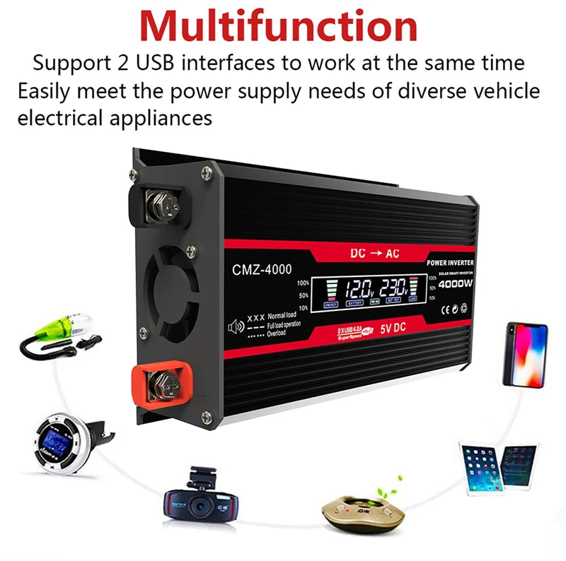 Multi-functional inverter supports multiple USB charging and converts DC power to AC.
