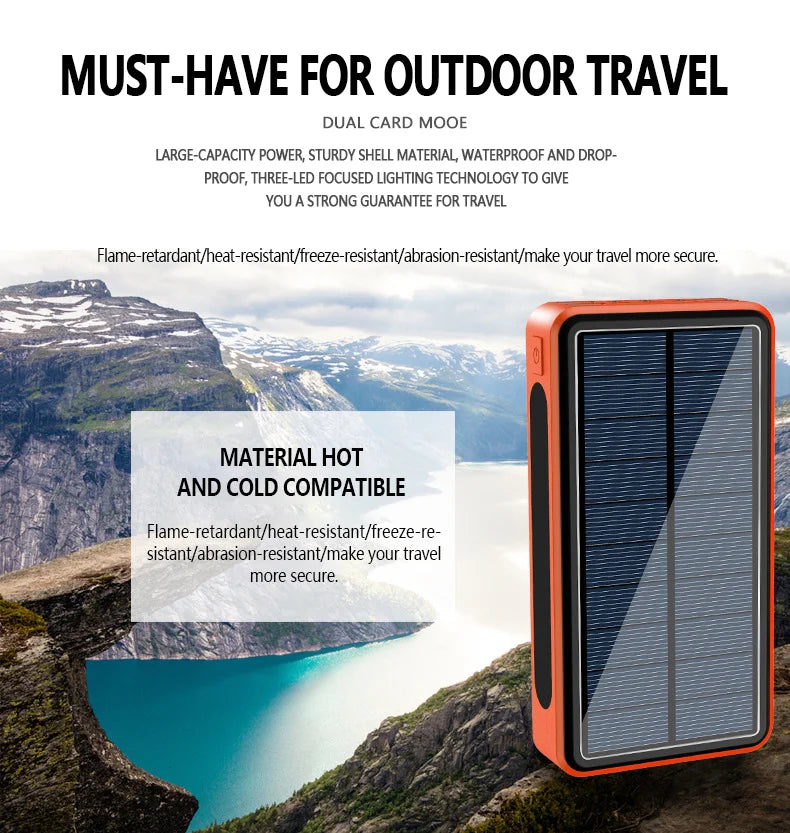 Waterproof and rugged power bank with dual slots and LED lights for outdoor adventures.