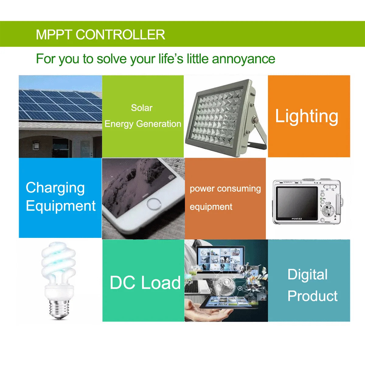 Professional Solar Panel Controller, MPPT Controller for Solar Energy Generation with Digital Control and Adjustable Output for Charging Lights and Devices.