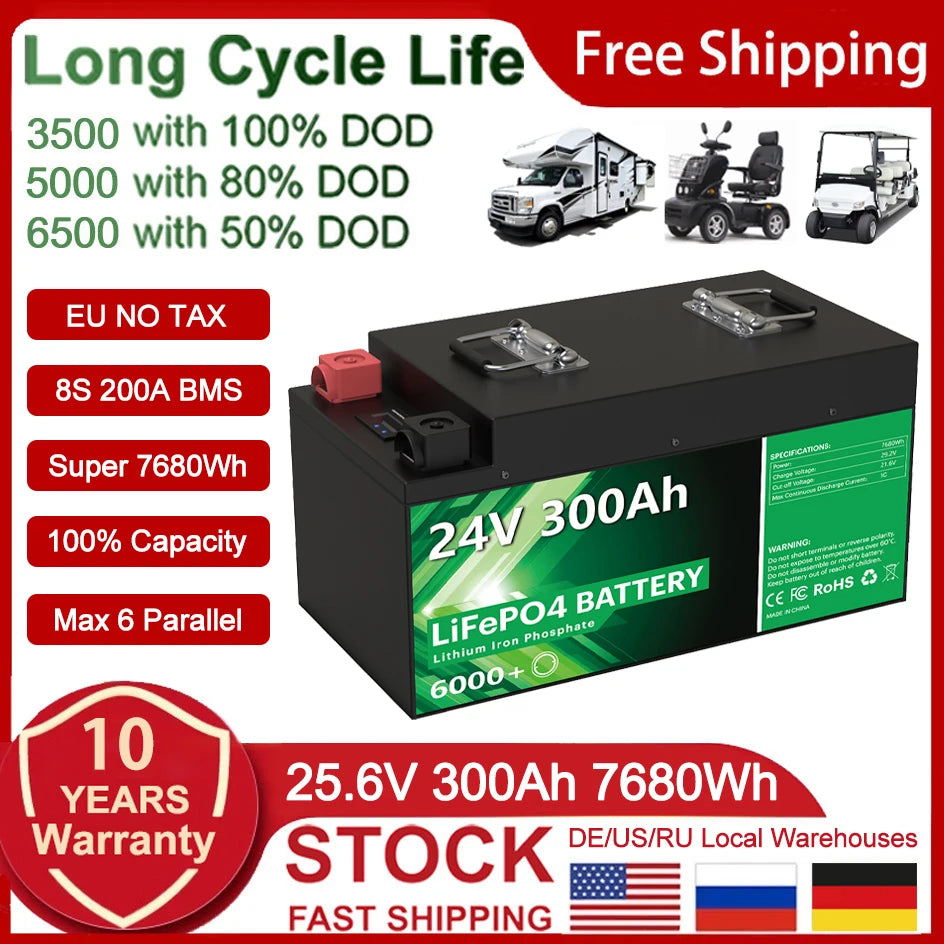 LiFePO4 24V 300Ah 200Ah 100Ah Battery, **Product Features:**