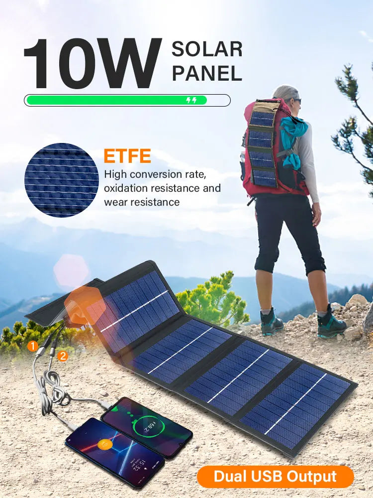 Reliable charging with corrosion-resistant ETFE solar panel and dual USB ports.