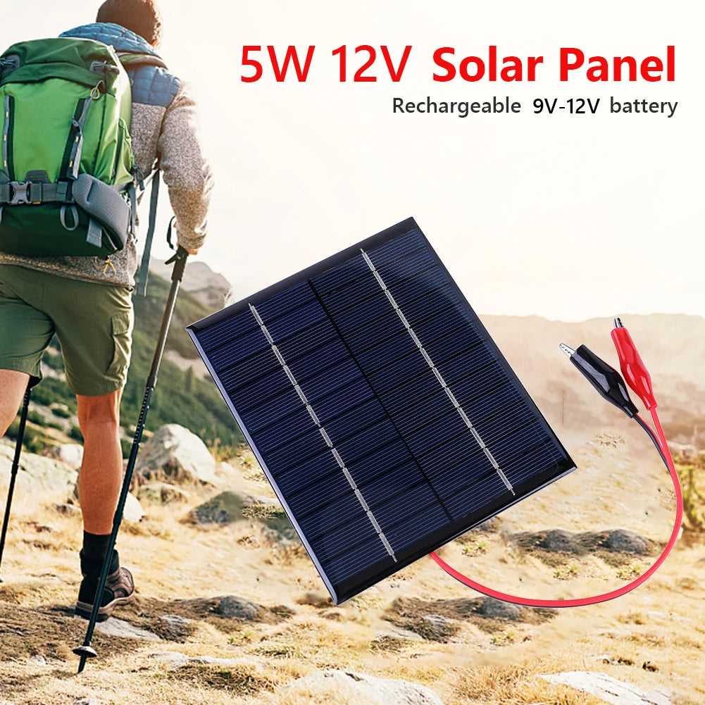 Waterproof Solar Panel, Compact 5W solar panel charges 9-12V rechargeable batteries efficiently.