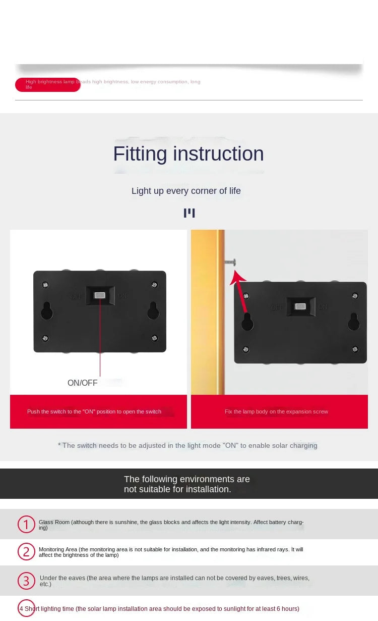 Outdoor Solar Garden Light, Install in open area with direct sunlight; avoid obstacles and ensure at least 4 hours daily.