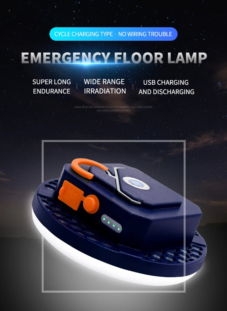 Wireless rechargeable LED lantern with wide beam and emergency lighting for camping, travel, or outdoor use.