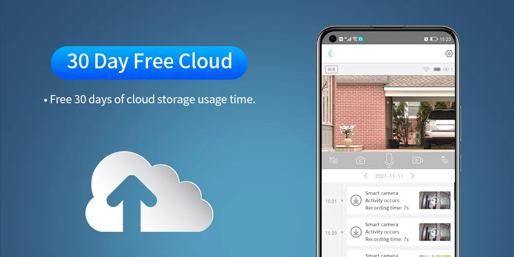 Cloud storage offer + smart camera features: motion detection & 2-way audio.