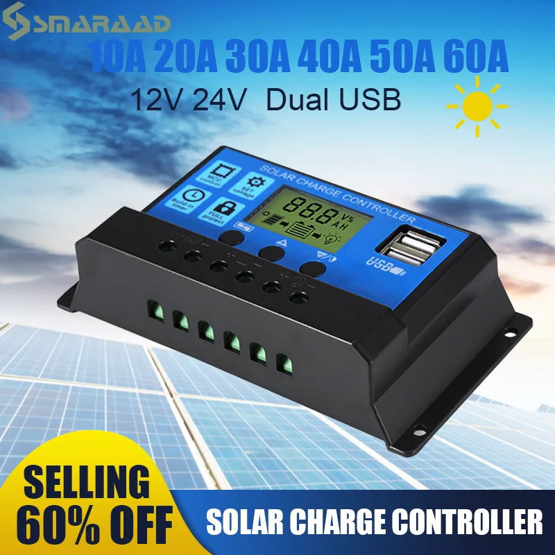 PWM Solar Controller: charges batteries (10A-60A) and has LCD display, dual USB outputs, and supports 12V/24V systems.