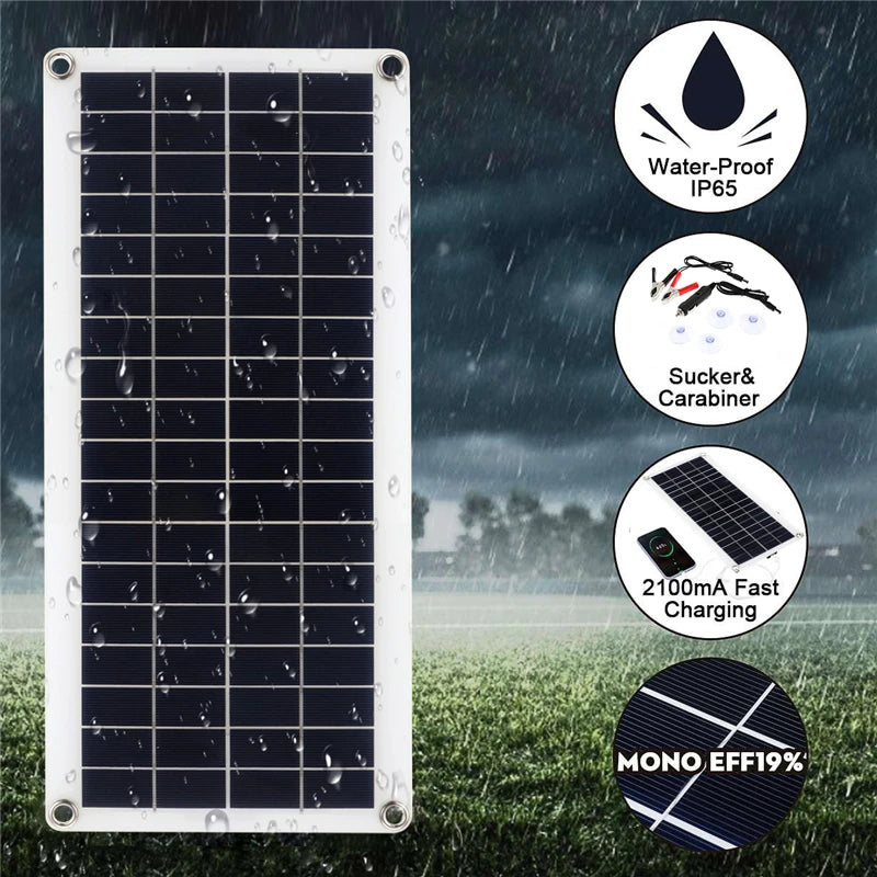 50W Solar Panel, Waterproof, rugged flashlight with IP65 rating and fast charging capabilities.