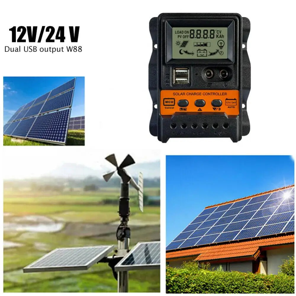 Solar Charge Controller, Controller regulates solar energy for charging devices, features dual USB ports and LCD display.