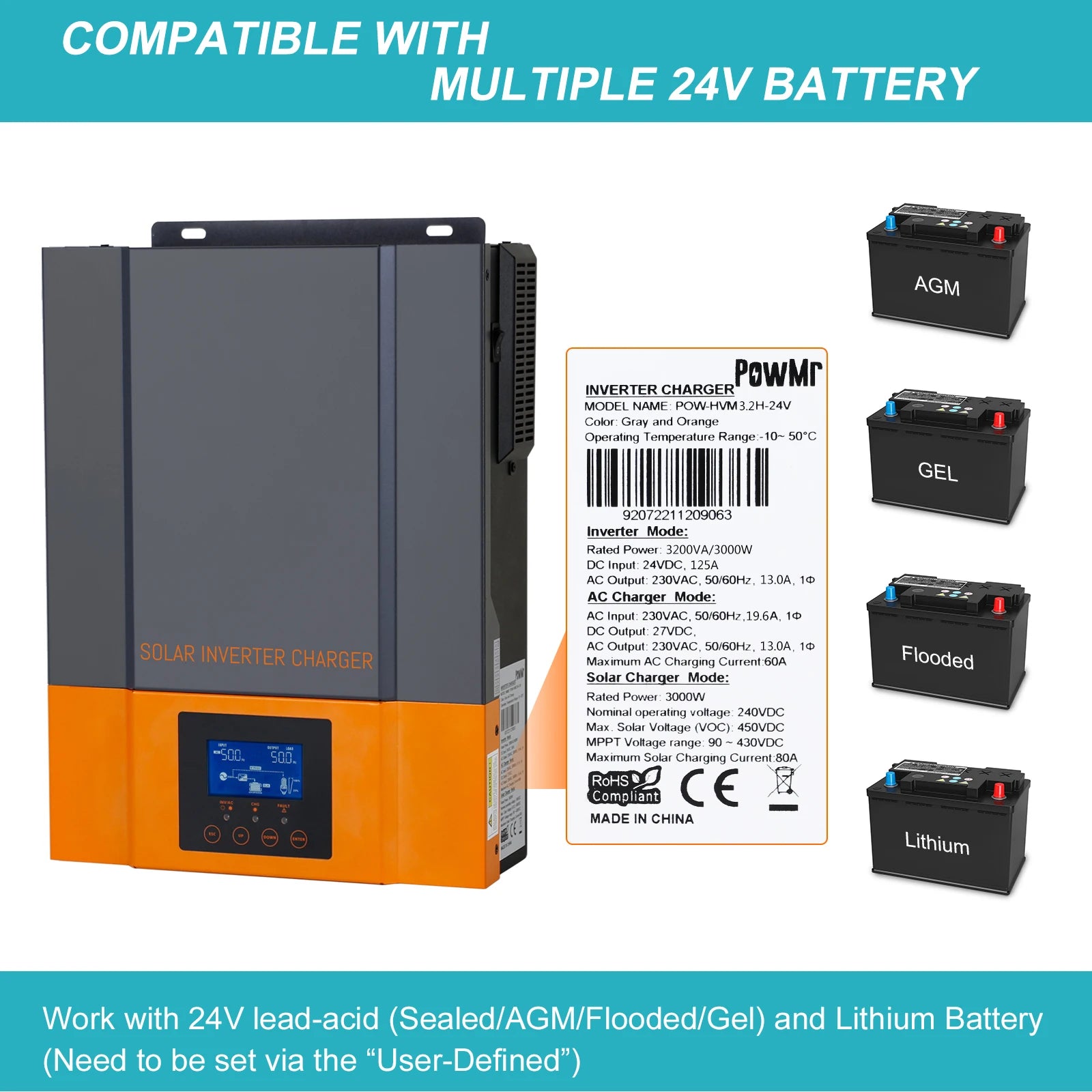 PowMr 3.2KW Hybrid Solar Inverter, Hybrid solar inverter with MPPT charge controller for photovoltaic systems, outputting 3.2kW at 230V.