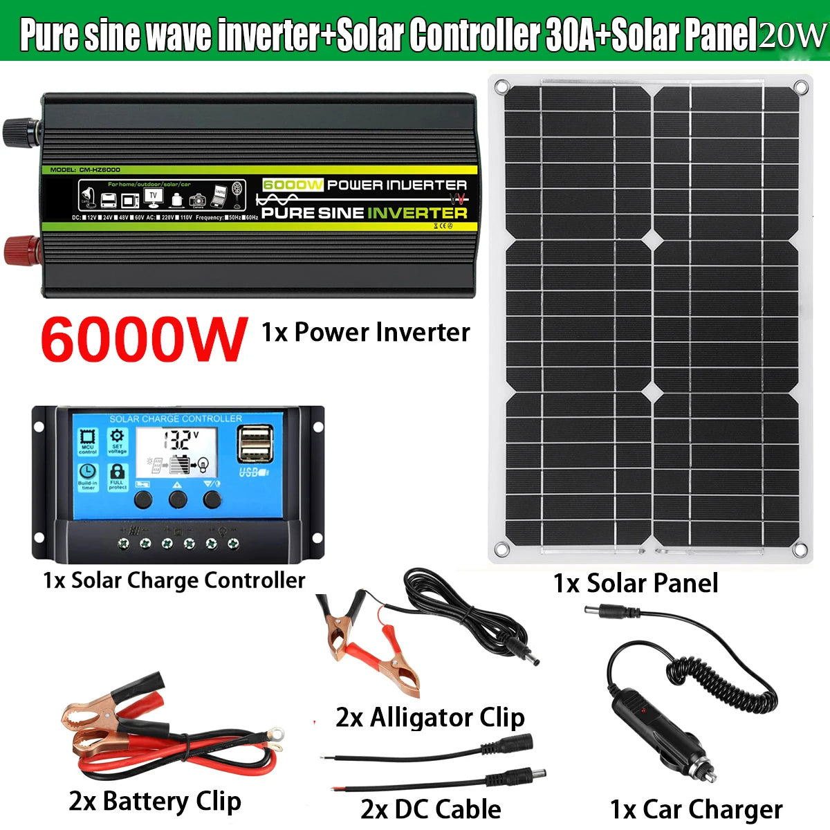 3000W/4000W/6000W Pure Sine Wave Inverter, Portable power kit for cars, yachts, RVs, boats, and phones with pure sine wave inverter, solar controller, and accessories.