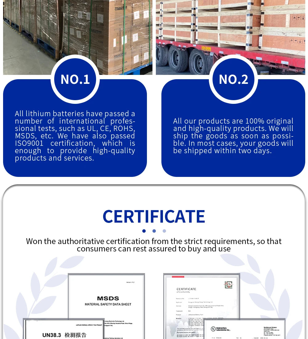 High-quality lithium batteries certified by UL, CE, ROHS, and MSDS, with fast shipping and ISO9001 quality assurance.