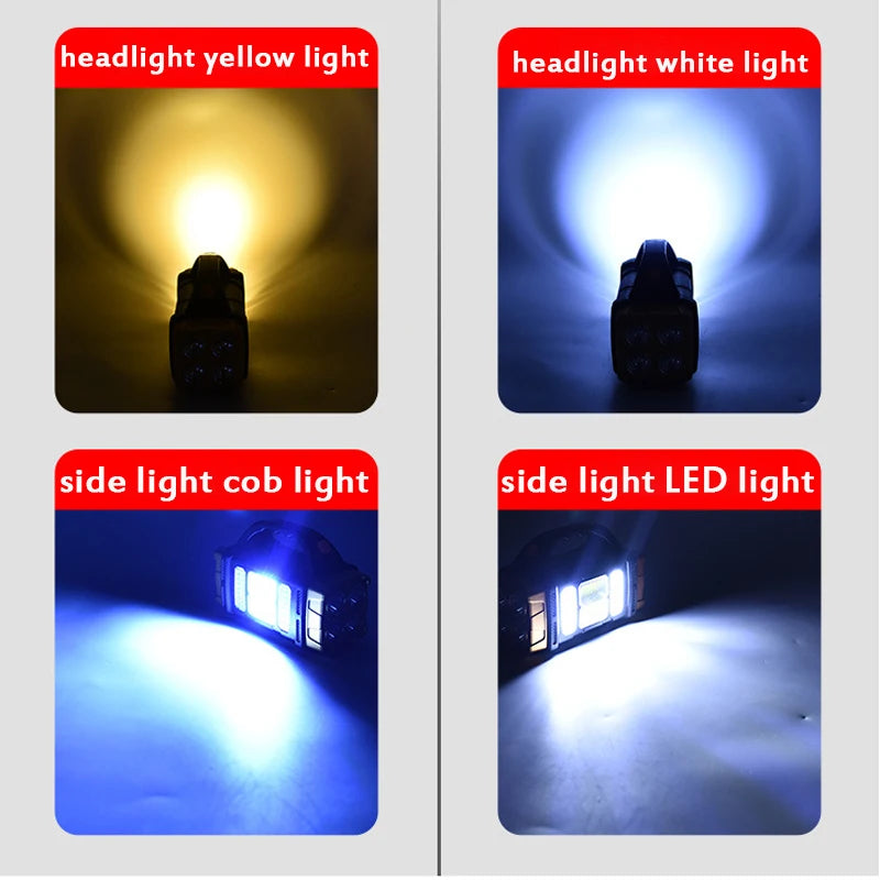 Portable Powerful Solar LED Flashlight, Four lighting modes: yellow headlight, white headlight, COB work lights, and side lights with LED illumination.