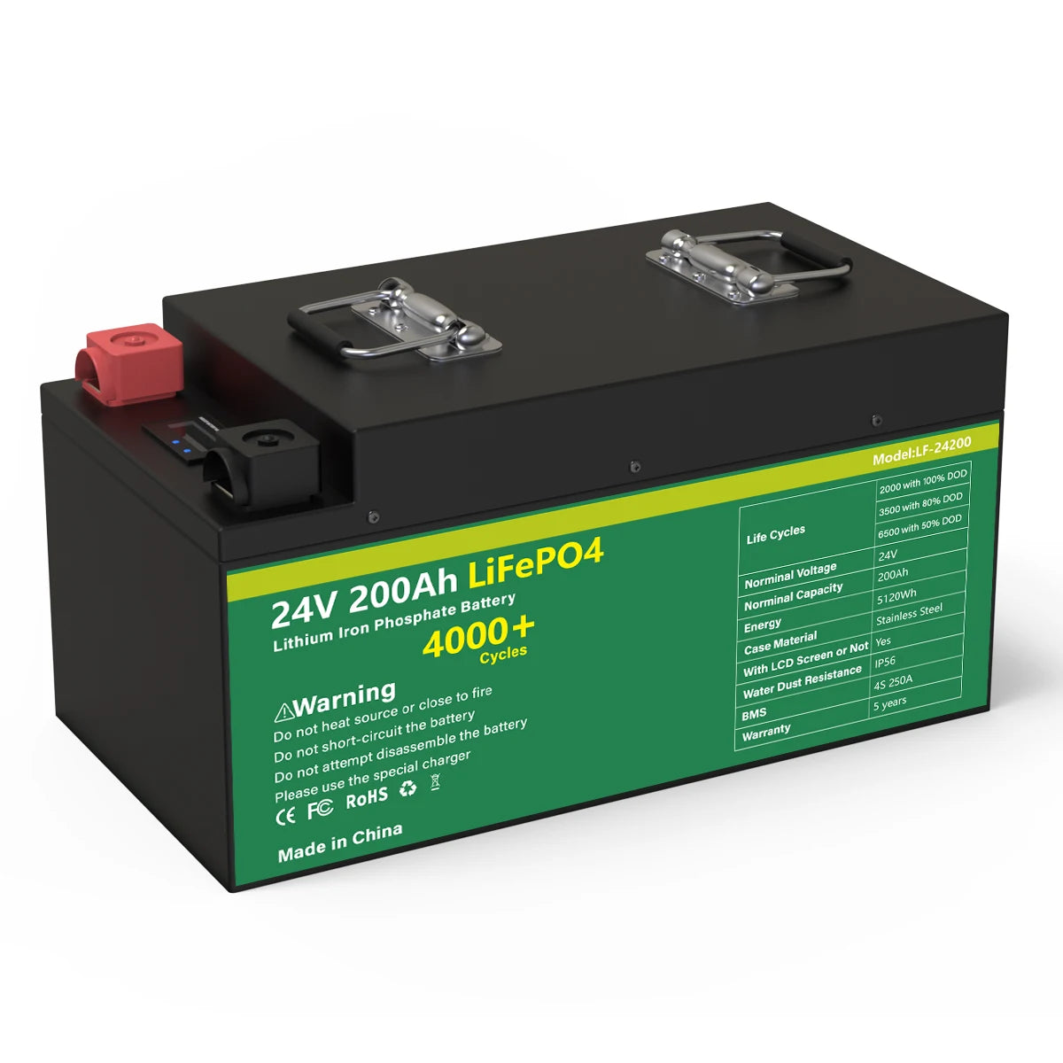 24V 200Ah LiFePO4 Battery Pack with built-in BMS, ROHS certified, featuring high cycle life and safe design.